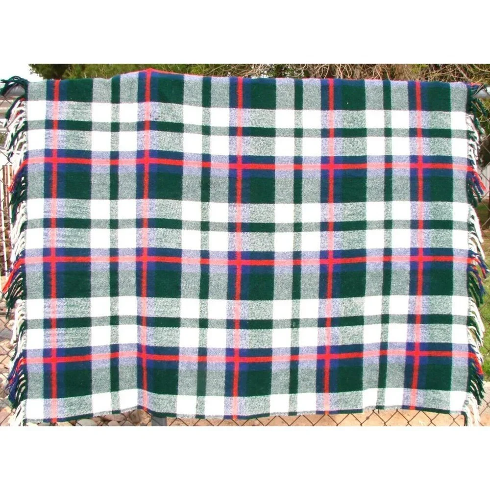 Plaid Wool Blend Blanket Throw Fringe 58x52